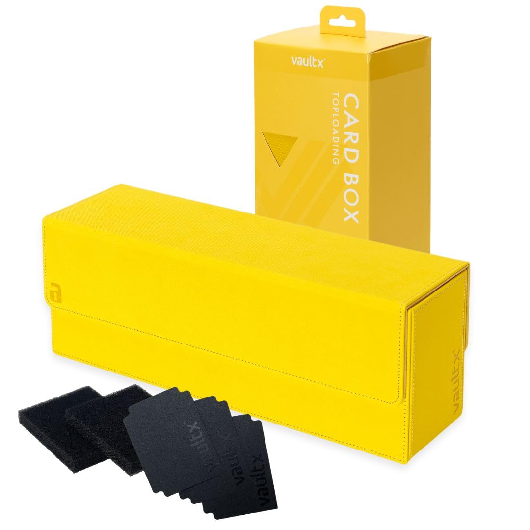Vault X Exo-Tec Card Box 450+ Storage With Detachable Magnetic Lid, Dividers & Foam Fillers To Organize Deck Boxes, Toploaders, Tcg/Ccg & Sports Cards (Yellow)