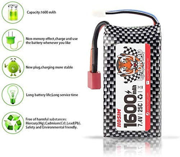 Hosim 7.4V 1600mAh 25-DJ02 RC Car LiPo Battery & USB, Spare Replacement Parts Assessory S920 9125 HB101/HM101/HM103/HM121/HM124/