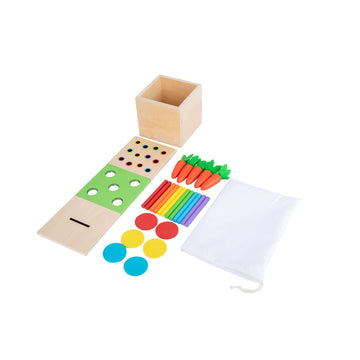 Adena Montessori 3 in 1 Wooden Play Kit - Color Drop Game, Carrot Harvest, Coin Box - Medium - Multicolor - Learning Toy for Kids 6-36 Months
