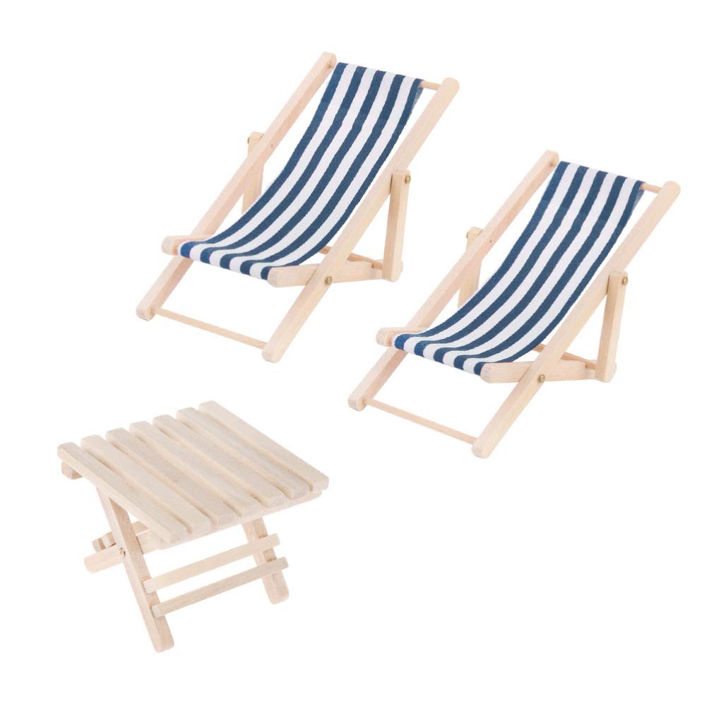 STOBOK Miniature Beach Chair & Table Mini Wooden Folding Beach Sunbath Chair 1:12 Miniature Wooden Lounge Chair and Beach Table Set for Dollhouse Decoration