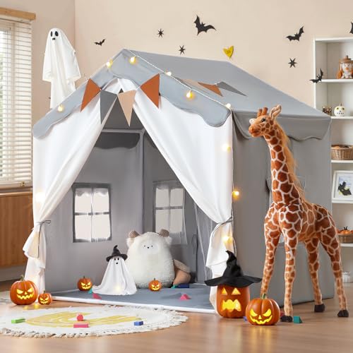 Besrey Kids Tent, Kids Playhouse 2 In 1 With Padded Mat And Lights, Large Play Tent With 2 Doors & 4 Windows, Kids Play Tent Indoor & Outdoor, Toddler Tent For Kids, 51' X35' X 51' (Gray)