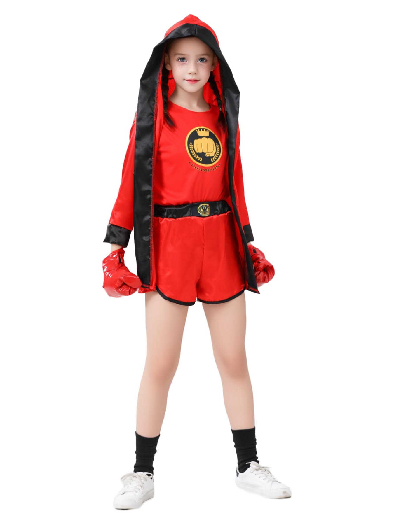 Child'S 4 Pcs Boxing Champions Costume With Top, Shorts, Hooded Cape, Gloves Halloween Fancy Dress Boxer Uniform For Kids (Red,