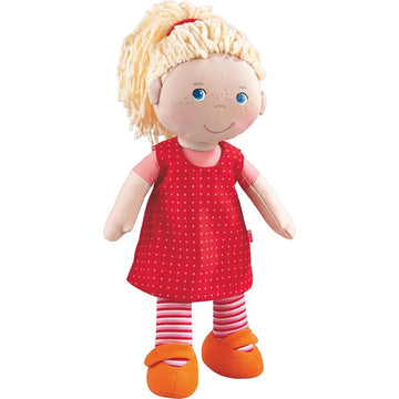 Haba 12' Soft Baby Doll Annelie With Blonde Hair, Embroidered Face, Removable Red Dress And Matching Hairband - Washable Toddler Doll For 18 Months+