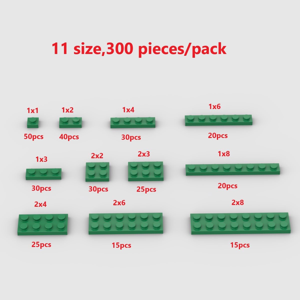 300 Piece Green Building Plate Bulk Assortment Pack, Green Small Base Plate Accessories For Building With 12 Size, Compatible Wi