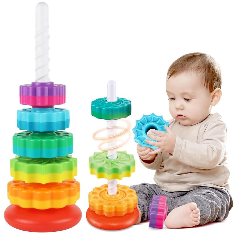 Yodify Baby Stacking Spinner Ring Toy For Toddlers 13 Years | Montessori Sensory Learning Toy | Colorful Spinning Ring Stacker 