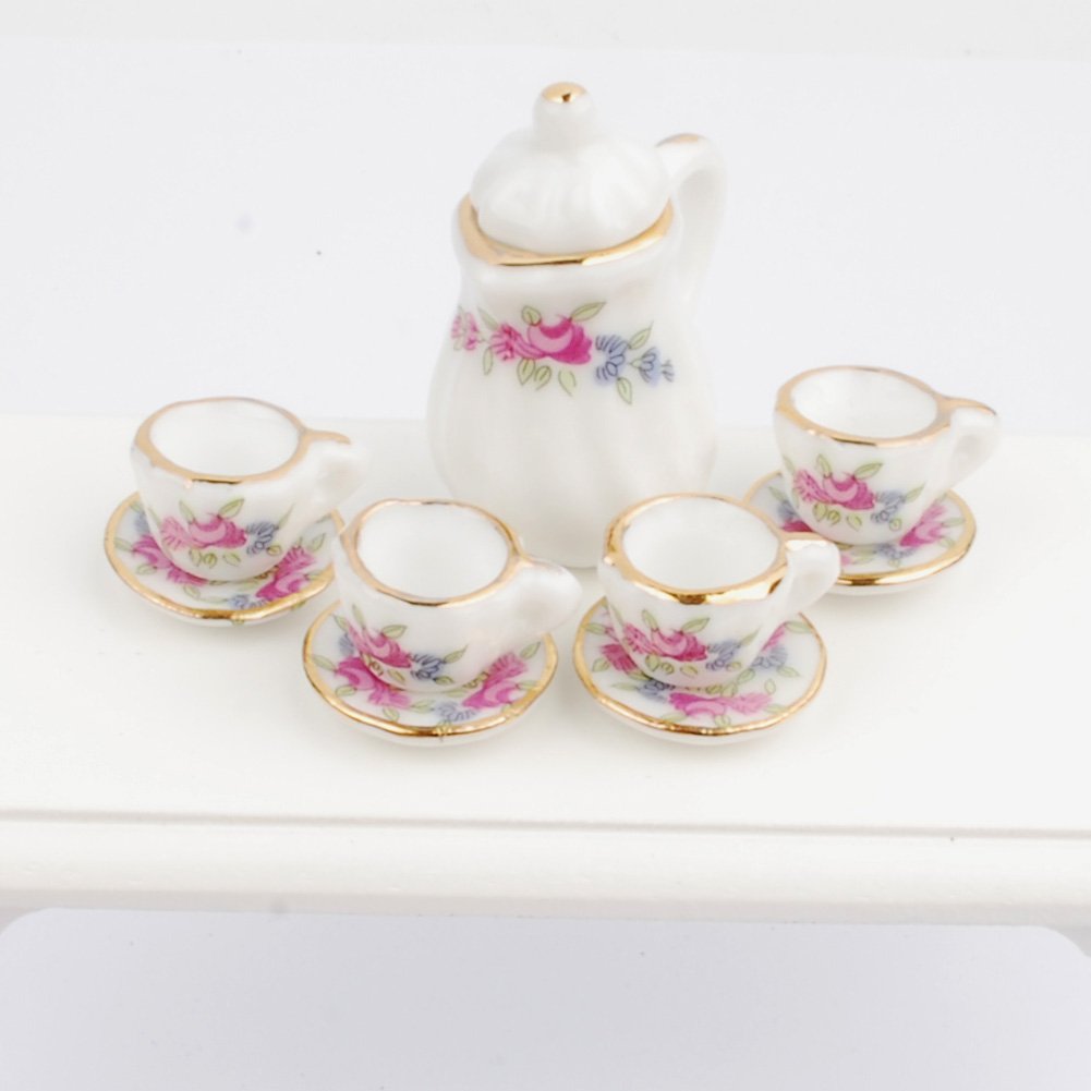 Baenrcy 1 Set 15 Pieces 1:12 Ceramics Tea Cup Set Lovely Dollhouse Decoration Set Dollhouse Kitchen Accessories(#1)