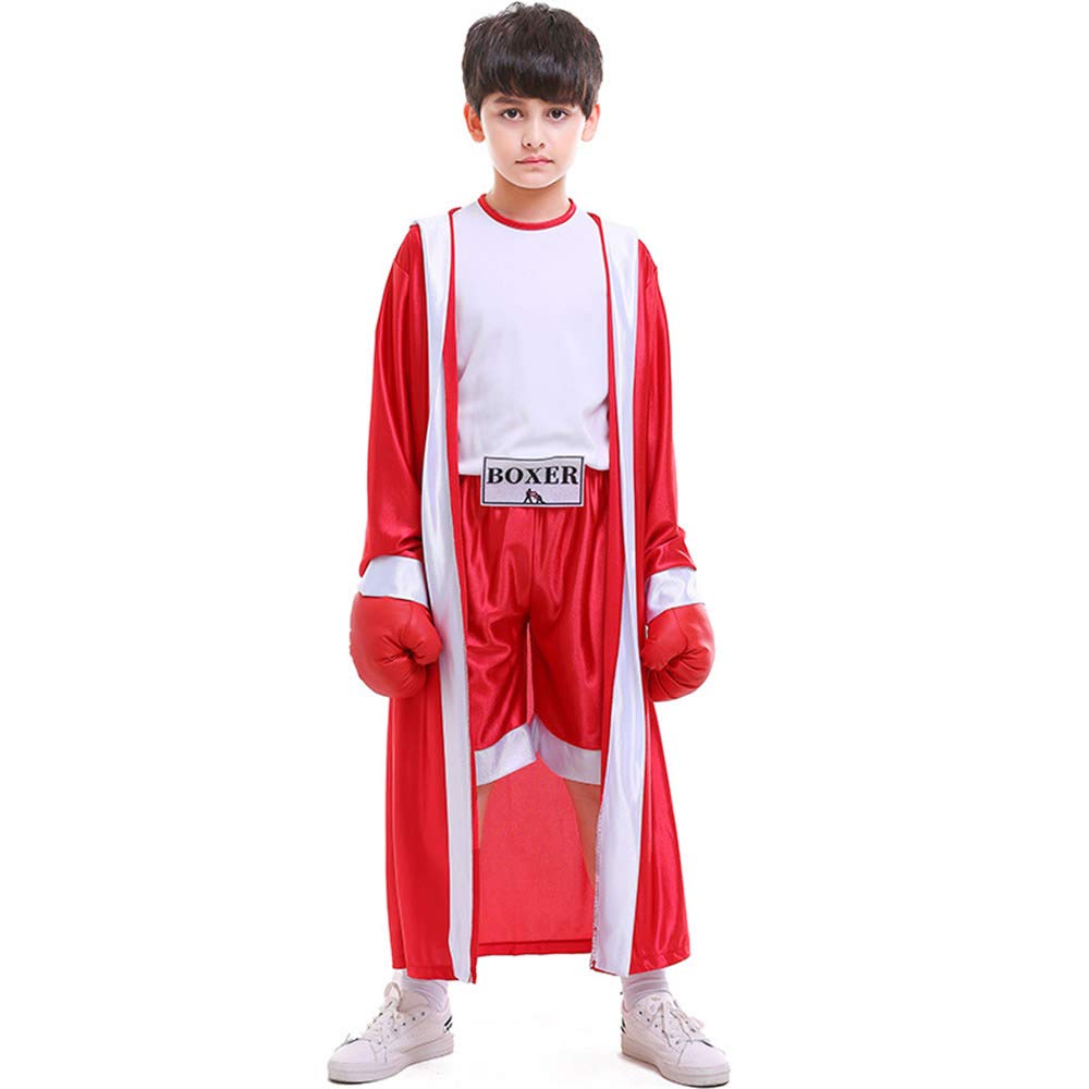 DLSNZ Kids Boxing Costume with Hooded Boxer Robe Halloween Cosplay Role Play Boxing Uniform (Red, X-Large)