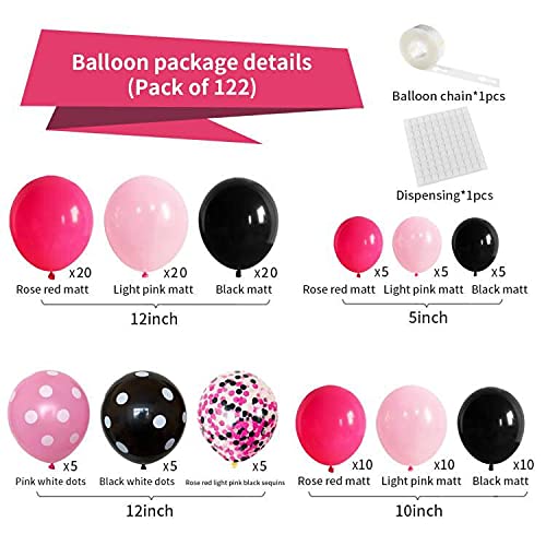 Rose Red Black Pink Balloon Garland Arch Kit - 122Pcs Hot Pink, Black, Rose Red Confetti Balloons For Princess Girl Birthday Wed