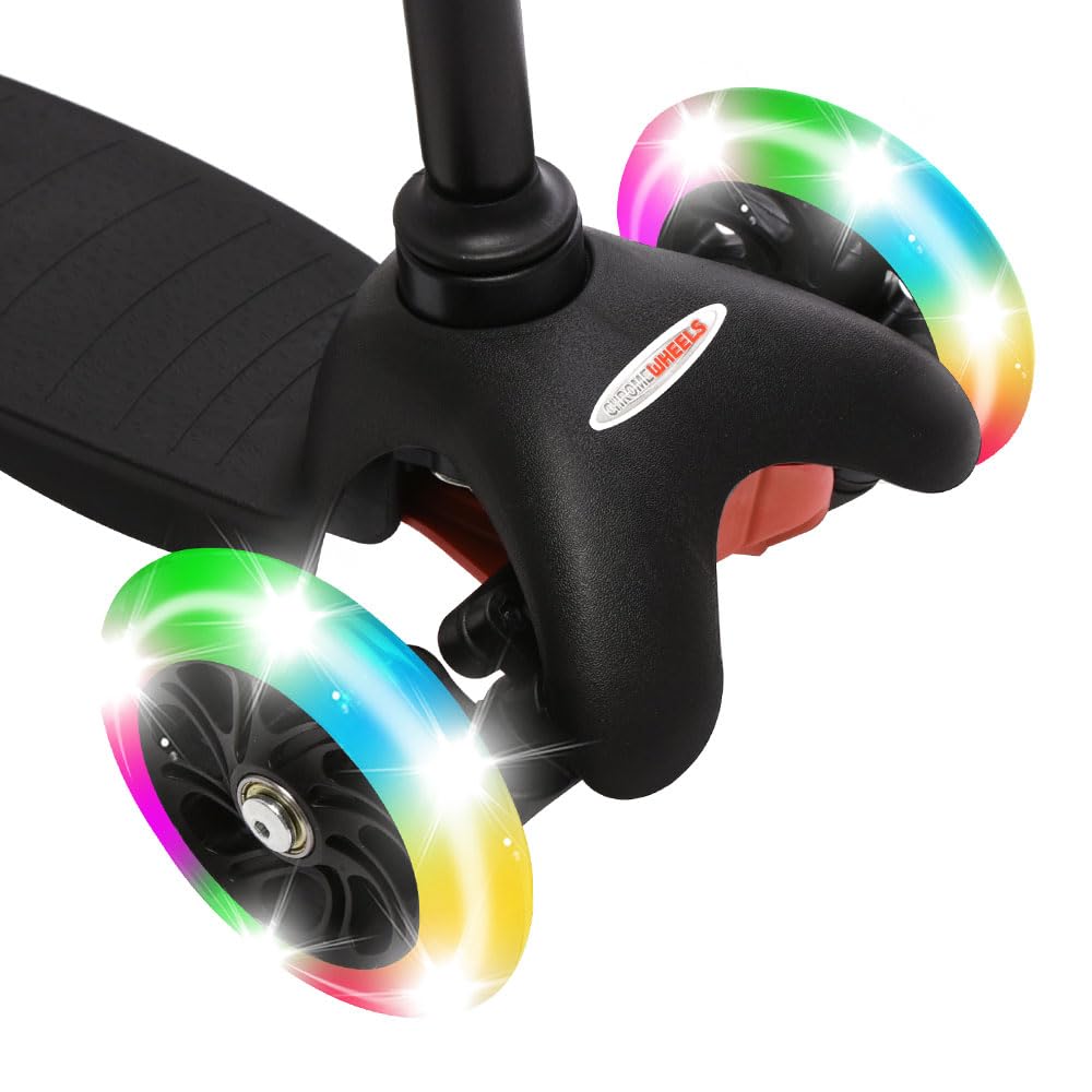 Chromewheels Scooter For Kids, Deluxe 4 Adjustable Height 3 Wheels Glider With Kick, Lean To Steer With Led Flashing Light, Black