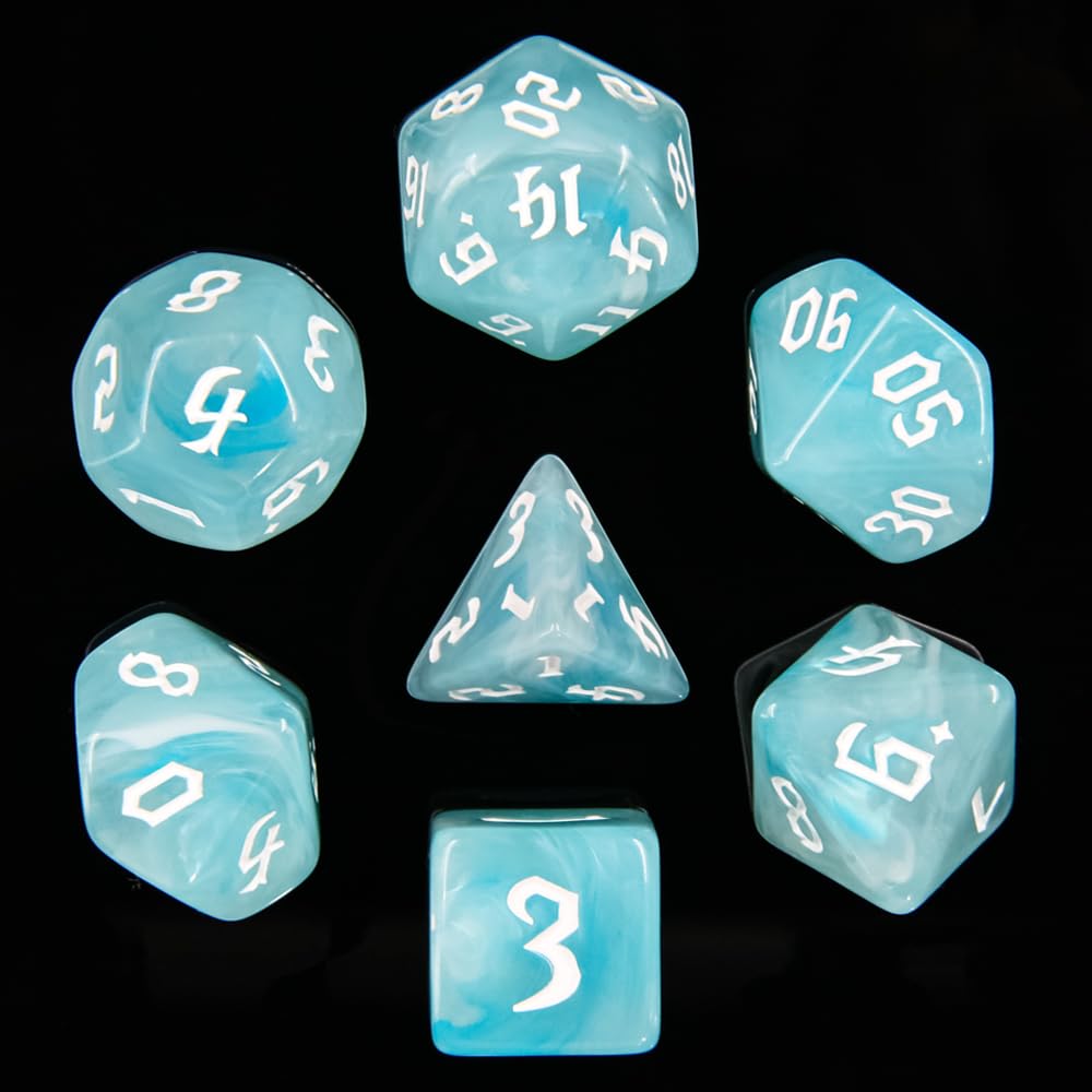 7PCS Polyhedral DND Dice, D&D Dice Set Filled with White and Blue Swirls for Role Playing Dice Games as DND RPG MTG Table Games