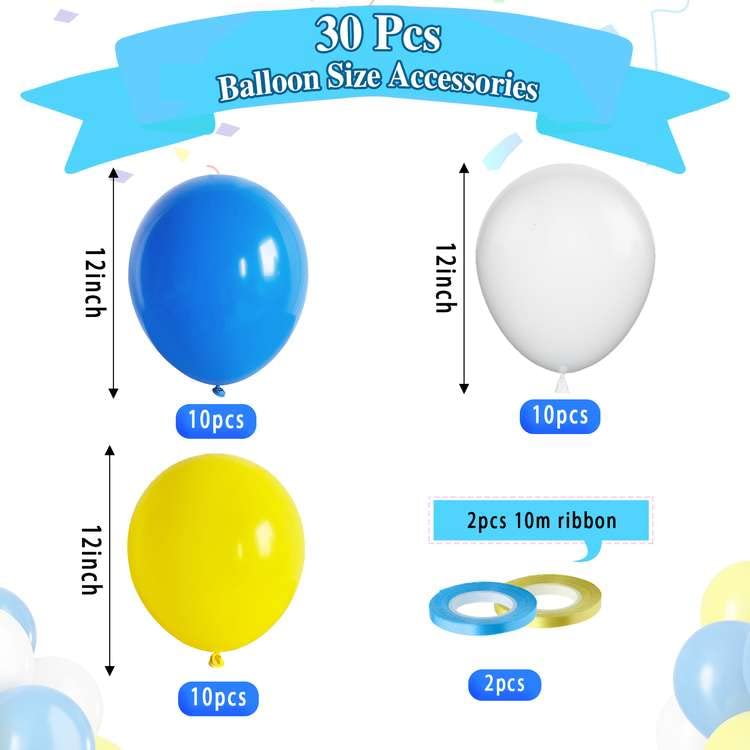 Paready Blue And Yellow Balloons, 30 Pcs 12 Inch Matte Yellow Blue And White Latex Balloons With Ribbons For Birthday Baby Showe