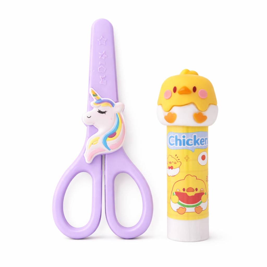 Kalra Magic Kids Stationery Combo Child Safe Unicorn Scissors & Cute Chicken Glue Stick For School Projects & Diy Crafts (Combo 