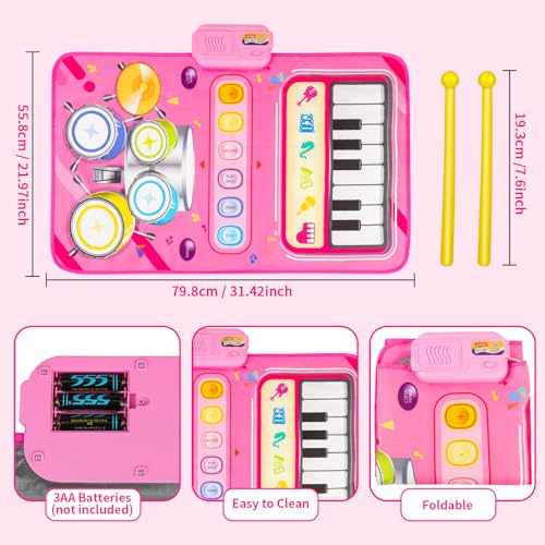 Amy & Benton Baby Piano Mat Pink Piano & Drum Mat 2 in 1, Toddler Musical Piano Mat Toy Birthday Gift for Girls Boys
