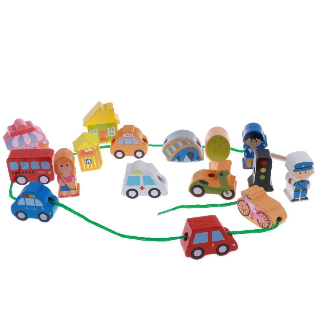 CALANDIS Kids Baby Wooden 16pieces Cartoon Threading Beads Lacing Educational Game Toys  City