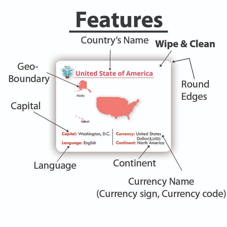 Tiddler World Country Flag Flashcards for Kids.56 Countries free World Map 52*39 cm & Ring IWipe & Clean National Countries, Cap