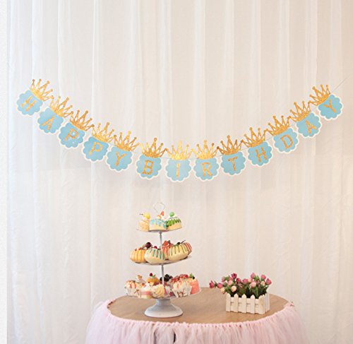 Flairs New York Happy Birthday Decorations Banner Party Props With Gold Crown Letters (Pack Of 1 Banner, Baby Blue/Gold Glitter