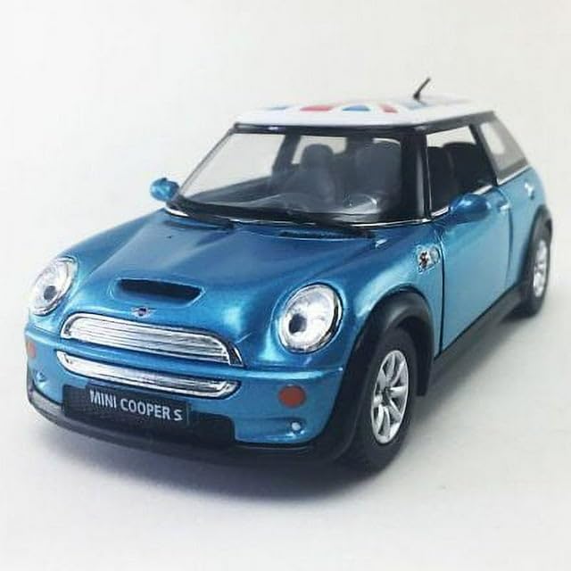 KiNSMART Mini Cooper S Die Cast Metal Model Toy Car, 5" Scale, British Flag Blue, Pullback Action
