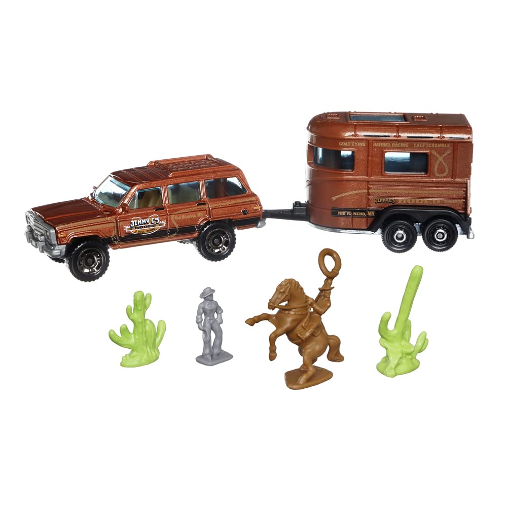 Matchbox Hitch & Haul Die-Cast Vehicle Playset - Cowboy Rodeo Round-Up ~ 6 Piece Set ~ Suv Inspired By 1988 Wagoneer ~ Includes Horse Trailer, Cowboy On Horse, Cowboy Standing And Two Cacti