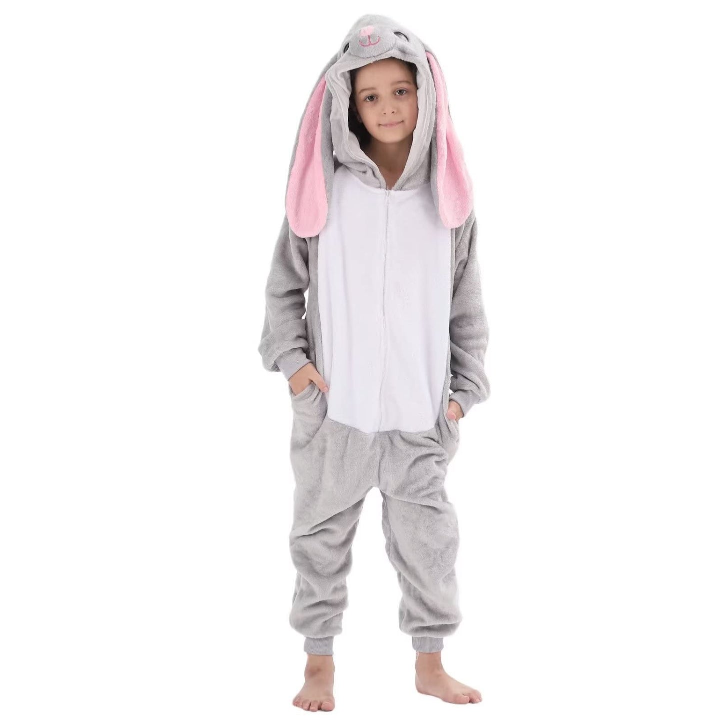 Lobujou Kids Onesie Costume For Boys Girls Halloween Animal Cosplay One Piece Flannel Hooded Gray Rabbit L