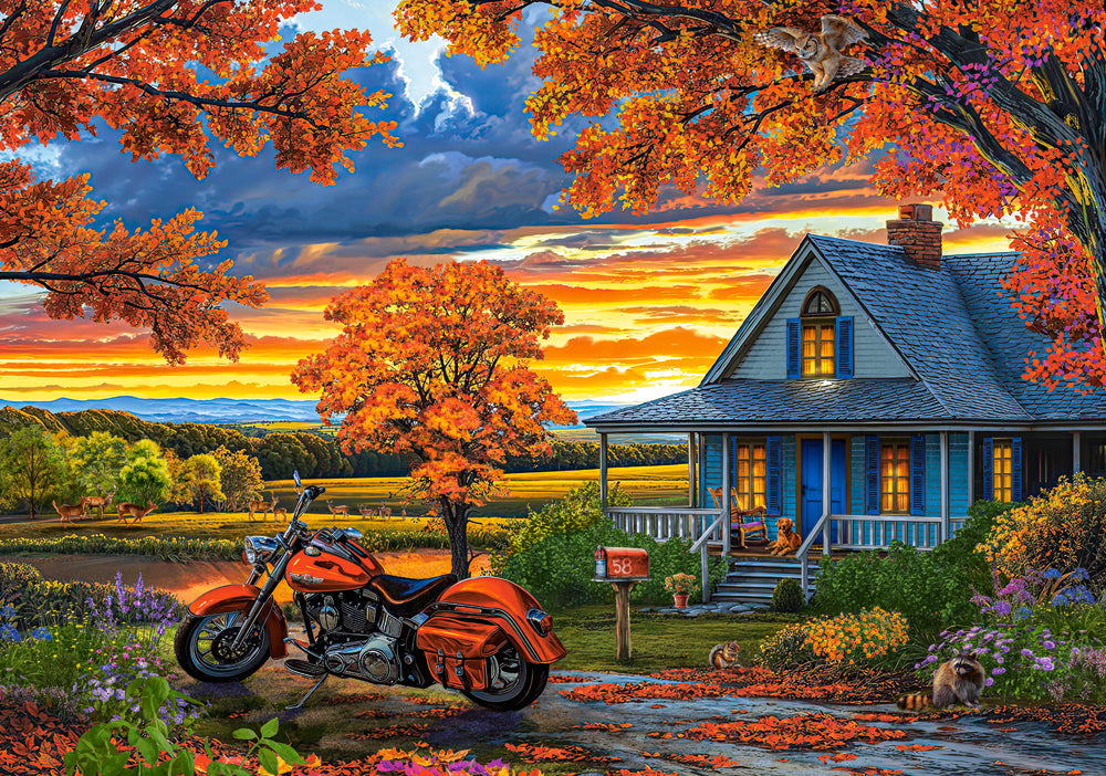 500 Piece Jigsaw Puzzle, Autumn Ride, Motorcycle and a sky ablaze with sunset colors, Classic America, Adult Puzzle, Castorland B-54077