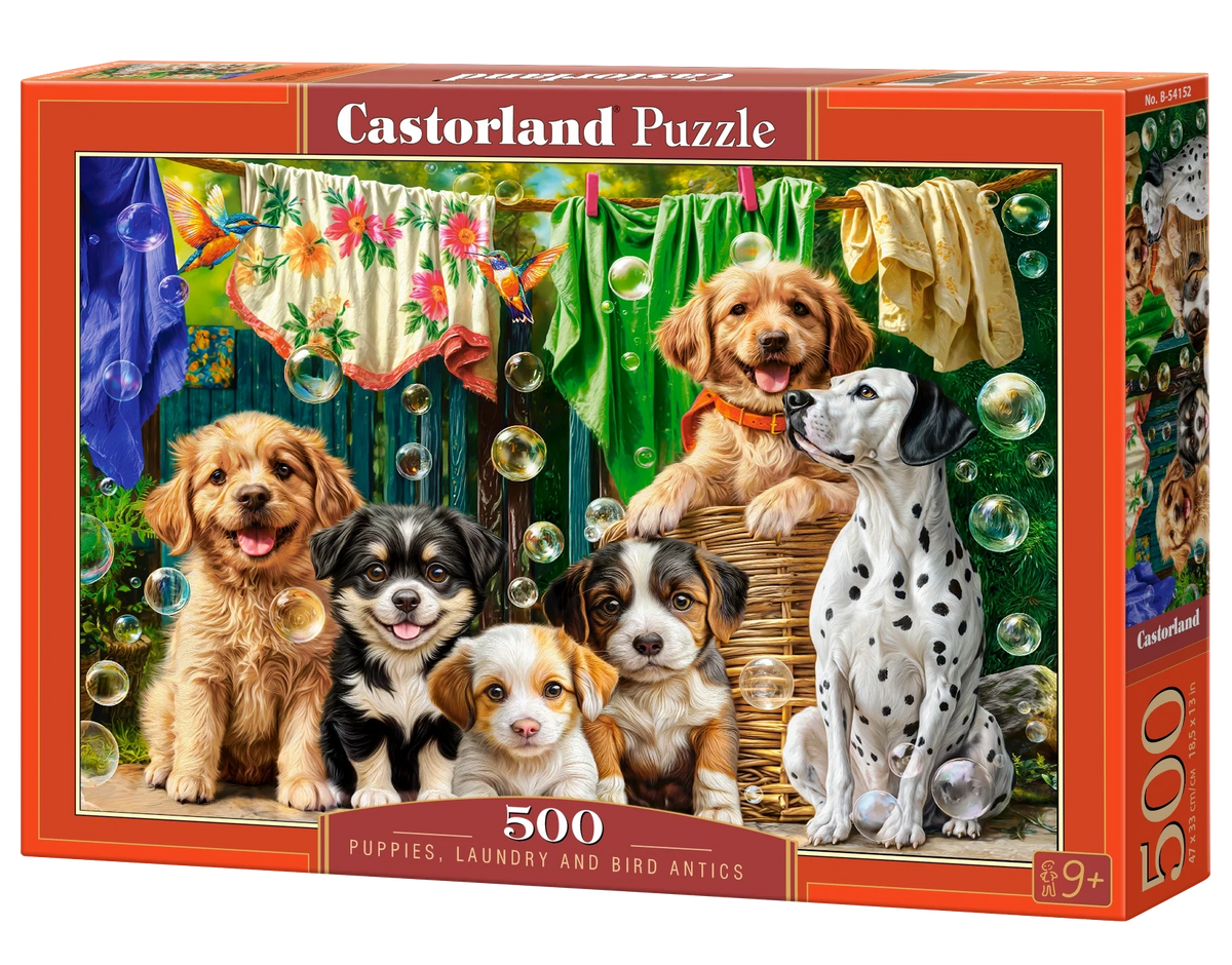 500 Piece Jigsaw Puzzle, Puppies, Laundry and Bird Antics, Puppies, Dogs, Golden Retriever, Dalmatian, Bubbles, Animal jigsaw, Adult Puzzle, Castorland  B-54152