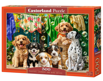 500 Piece Jigsaw Puzzle, Puppies, Laundry and Bird Antics, Puppies, Dogs, Golden Retriever, Dalmatian, Bubbles, Animal jigsaw, Adult Puzzle, Castorland  B-54152