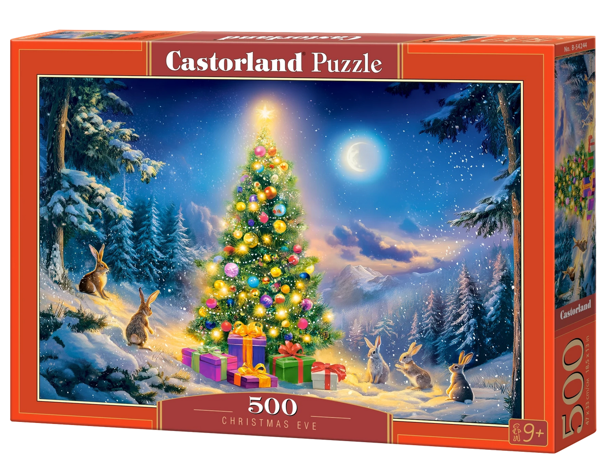 500 Piece Jigsaw Puzzle, Christmas Eve, Glowing Christmas Tree & Bunnies in Snow, Cozy Holiday Vibes, Adult Puzzle, Castorland B-54244