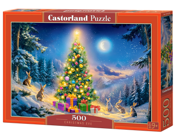 500 Piece Jigsaw Puzzle, Christmas Eve, Glowing Christmas Tree & Bunnies in Snow, Cozy Holiday Vibes, Adult Puzzle, Castorland B-54244