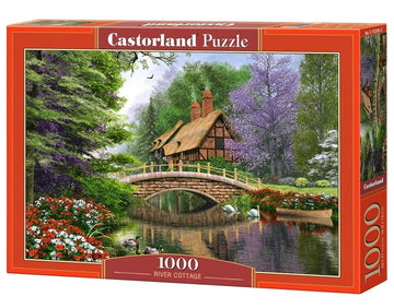 1000 Piece Jigsaw Puzzle, River Cottage, Storybook landscape, Colorful flowers, Adult Puzzle, Castorland C-102365-2