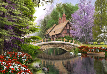 1000 Piece Jigsaw Puzzle, River Cottage, Storybook landscape, Colorful flowers, Adult Puzzle, Castorland C-102365-2