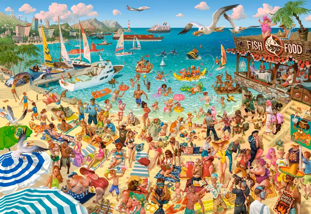 1000 Piece Jigsaw Puzzle, Fun by the Sea, Art Collection, Tropical Beach Resort Chaos, Humorous Summer Vacation Scene, Adult Puzzle, Castorland C-105151-2