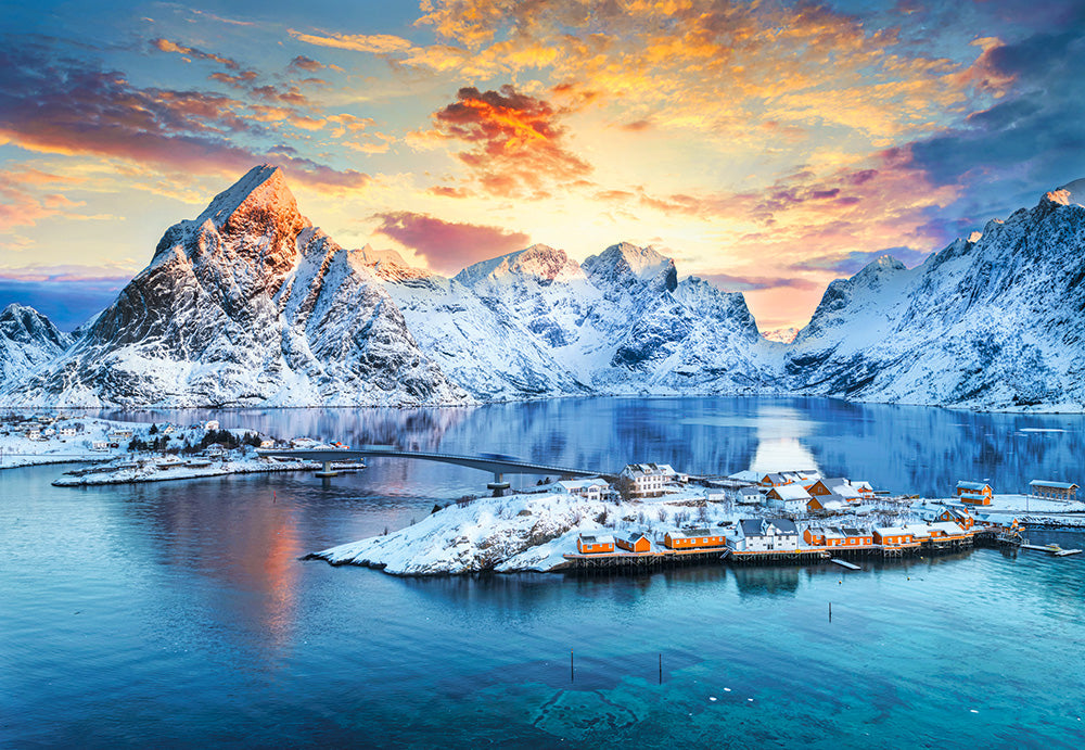 1000 Piece Jigsaw Puzzle, Sunrise on Sakrisøy, Lofoten, Norway, Majestic mountains, Stunning Arctic sunset, Adult Puzzle, Castorland C-105366-2