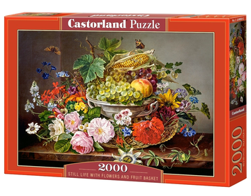 2000 Piece Jigsaw Puzzle, Still Life with Flowers and Fruit Basket, Vintage Oil Painting Style, Fine Art Botanical Brain Teaser, Adult Puzzle, Castorland C-200658-2