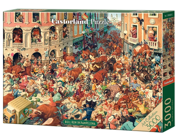 3000 Piece Jigsaw Puzzle, Bull Run in Pampeluna, Art Collection, Busy City Street Cartoon Scene, High Detail Seek and Find, Adult Puzzle, Castorland C-300648-2