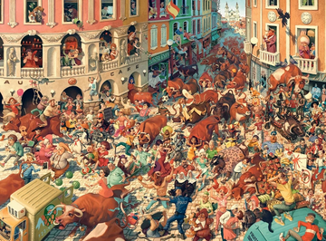 3000 Piece Jigsaw Puzzle, Bull Run in Pampeluna, Art Collection, Busy City Street Cartoon Scene, High Detail Seek and Find, Adult Puzzle, Castorland C-300648-2