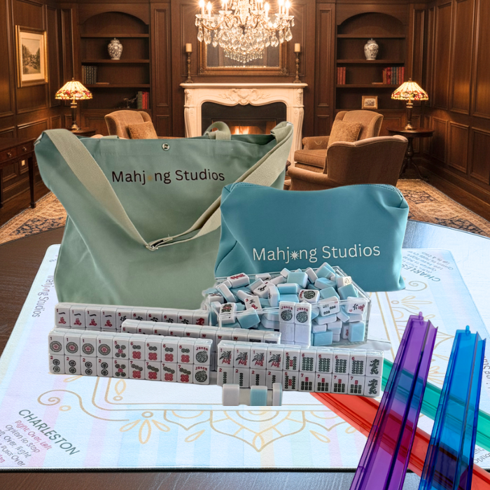 American Mahjong Set 166 Tiles Bundle - Green Bag Pastel Mat 2-color blue tiles