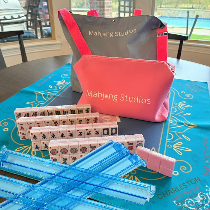 All In One - Mahjong Bundle - American Mahjong Set 166 2-Color Tiles - Blue & Pink Bag  Blue Mat