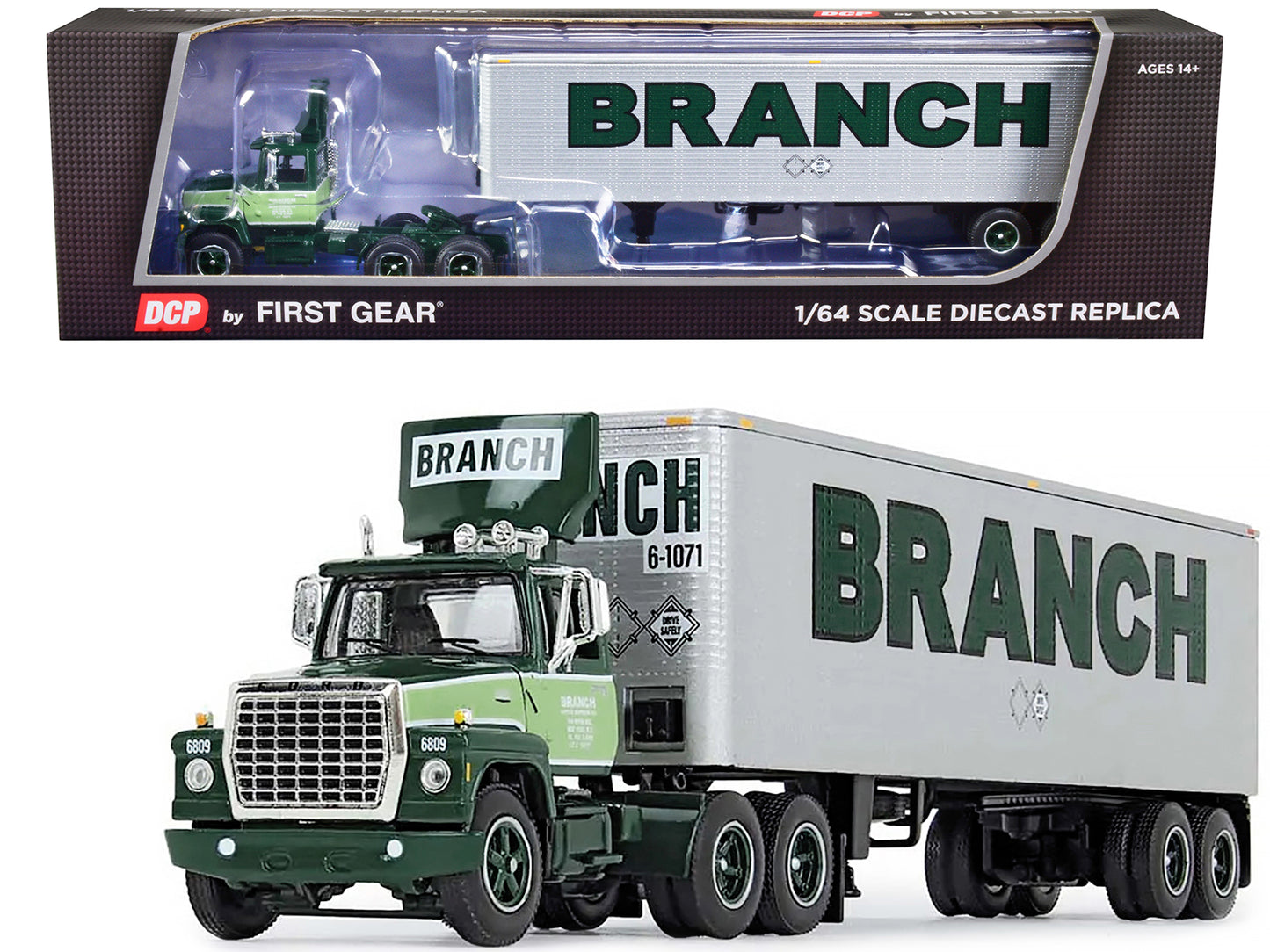 Ford Lt-9000 Day Cab With Vintage 40' Dry Goods Tandem-Axle Trailer Green ''Branch Motor Express'' 1/64 Diecast Model By Dcp/Fir