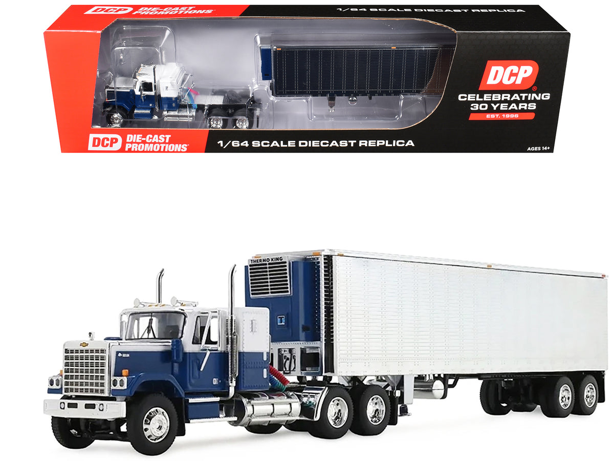 Chevrolet Bison with 34inch Flat Top Sleeper & 40 Vintage Trailer with Reefer Blue and White 1/64 Diecast Model by DCP/First Gear