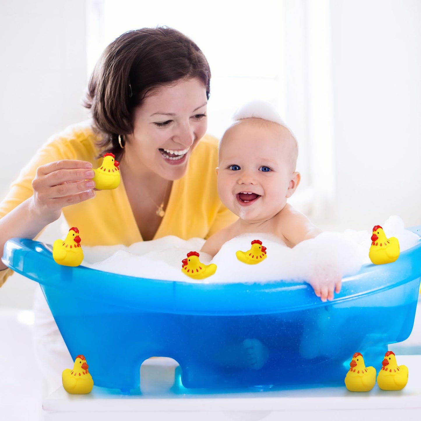 Libima 100 Pcs Rubber Chickens Bath Toy Bulk Mini Chicks Squeezable And Squeak Toys Yellow Floating Rubber Toy Swimming Pool Bat