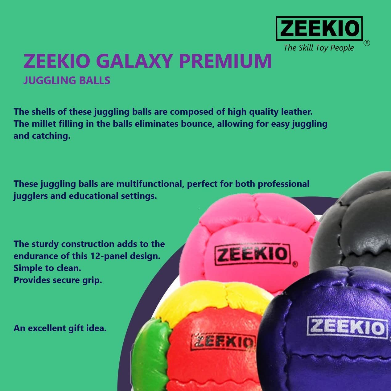 Zeekio Galaxy Juggling Balls - enhanced 12 Panel Genuine Leather Balls - 130g - 67mm - Pack of 3 (Neon Green)