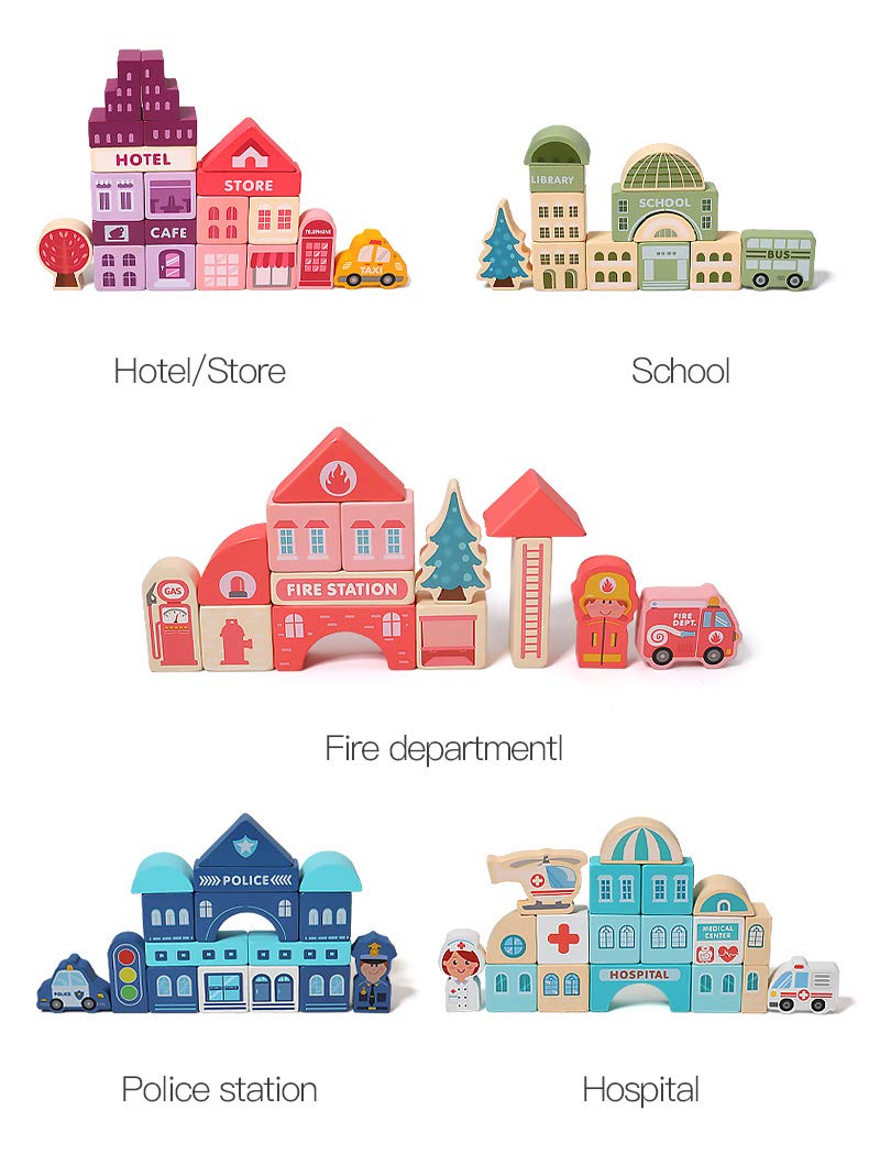 Moderngenic 181Pcs 'Streetscape' Wooden Building Block Set For Toddlers, Jigsaw Puzzle City Map, 11 Buildings (3 Extra Bonus: Circus, Zoo & Construction Site), Preschool Learning Educational Toys
