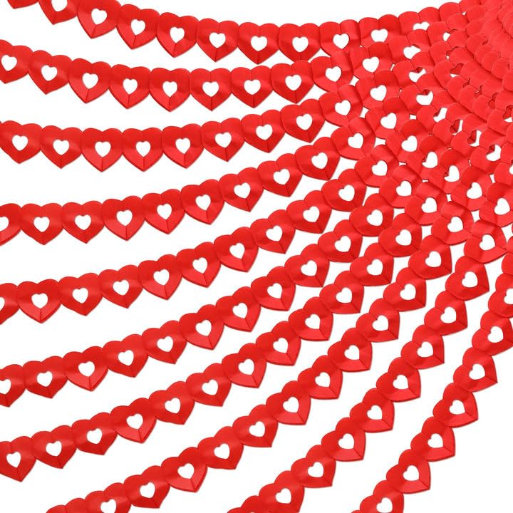 Tlswshsy 10Pcs Valentines Day Heart Garland Banner, 100Ft Pre-Strung Red Heart Paper Garland, Heart Shape Hanging Paper Decorati