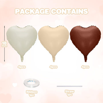 12 Pcs Heart Balloons, 18 inch CreamBrown Heart Shaped Balloons, Big Heart Helium Balloons, Neutral Heart Foil Balloons for Wedd