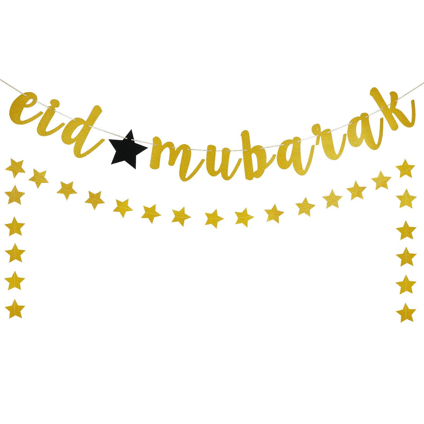 Gold Eid Mubarak Banner and Star Garland, Muslim Eid Mubarak Festival Garland Banner Eid Mubarak Decorations for Home Muslim Ram