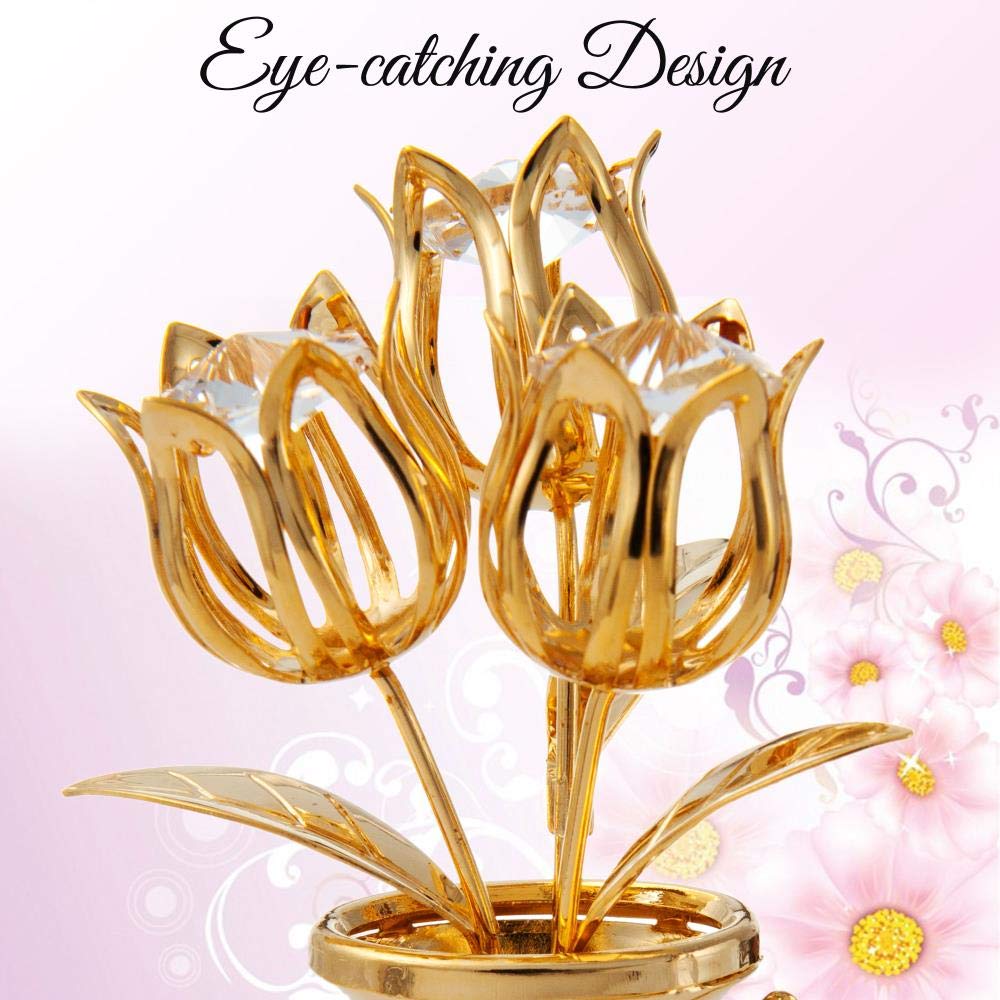 Matashi Valentine'S Day Gift For Her - Flower Bouquet Vase With Dragonfly, Clear Crystal Studded 24K Gold Plated Tabletop Ornament For Women, Mom, Daughter, Friends & Family