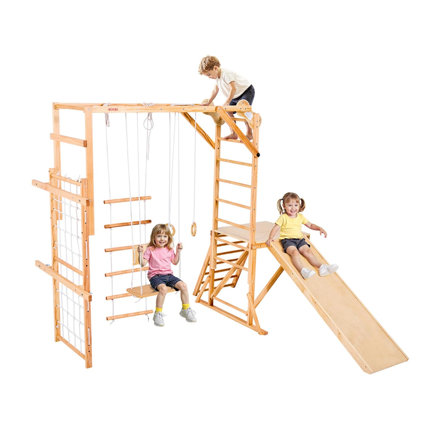 VEVOR Indoor Playground Jungle Gym, 8-in-1 Wooden Indoor Playground for Kids, 220LBS Montessori Climbing Toys Playset with Slide