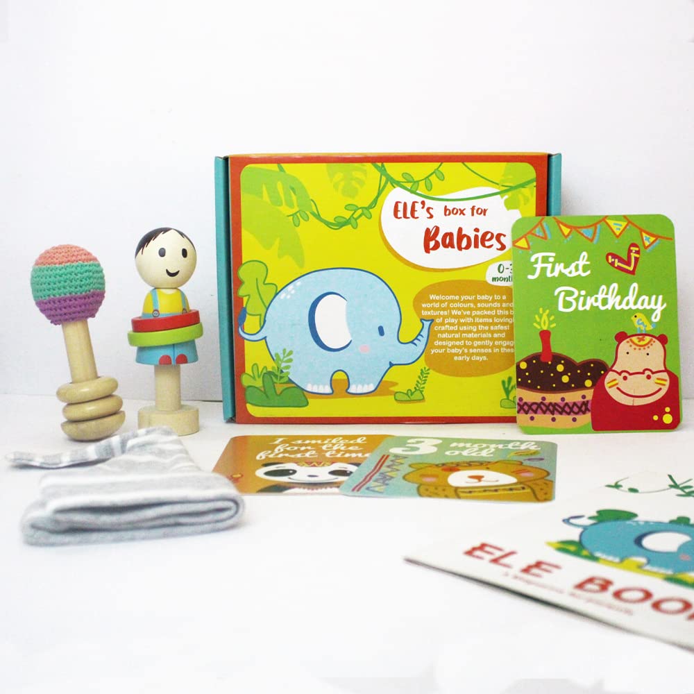 Shumee Infant Montessori Learning Wooden Toys Box | (0 Months+) | Multicolor Sensory Toys | Organic Cotton Rattle & Baby Cap | M