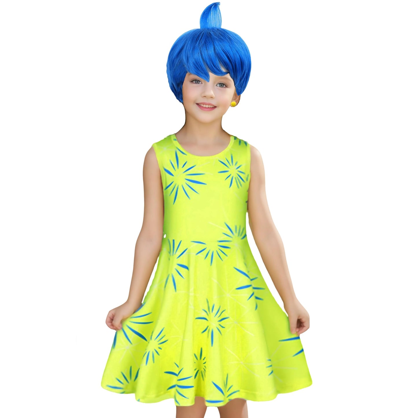 Magwei Girls Disgust Costume Joy Princess Dress Costume Kids Cosplay Dress Up Halloween Birthday Christmas Outfits With Wig (Lig