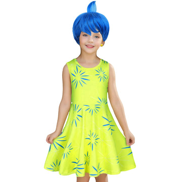 Magwei Girls Disgust Costume Joy Princess Dress Costume Kids Cosplay Dress Up Halloween Birthday Christmas Outfits With Wig (Lig